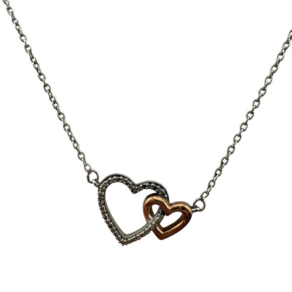 Sterling Silver Two-Tone Interlocking Hearts Necklace 925 Italy Romantic Elegant - Picture 1 of 6